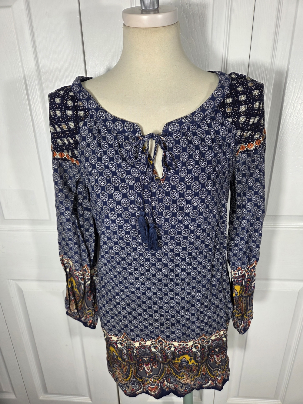 Flying Tomato Boho Tassel Tie Peasant Blouse Paisley Border Print M